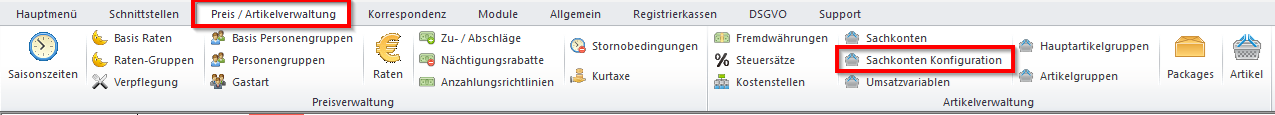 Preis / Artikelverwaltung -&gt; Sachkonten Konfiguration
