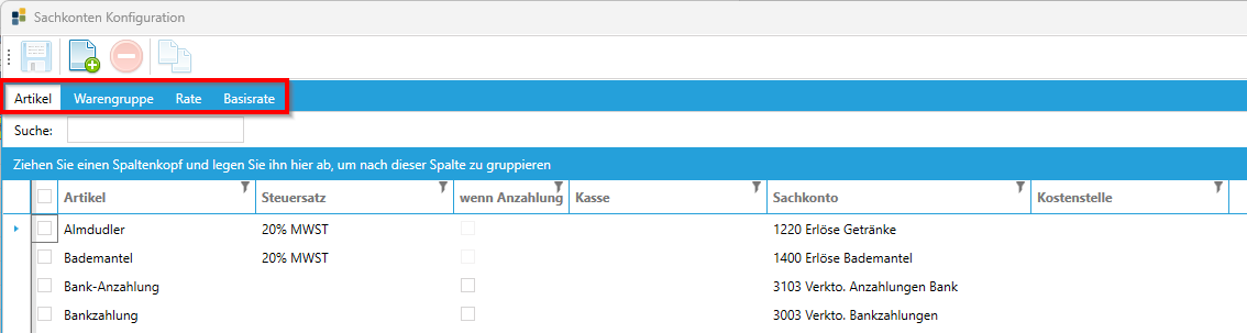 Preis / Artikelverwaltung -&gt; Sachkonten Konfiguration / Reiter