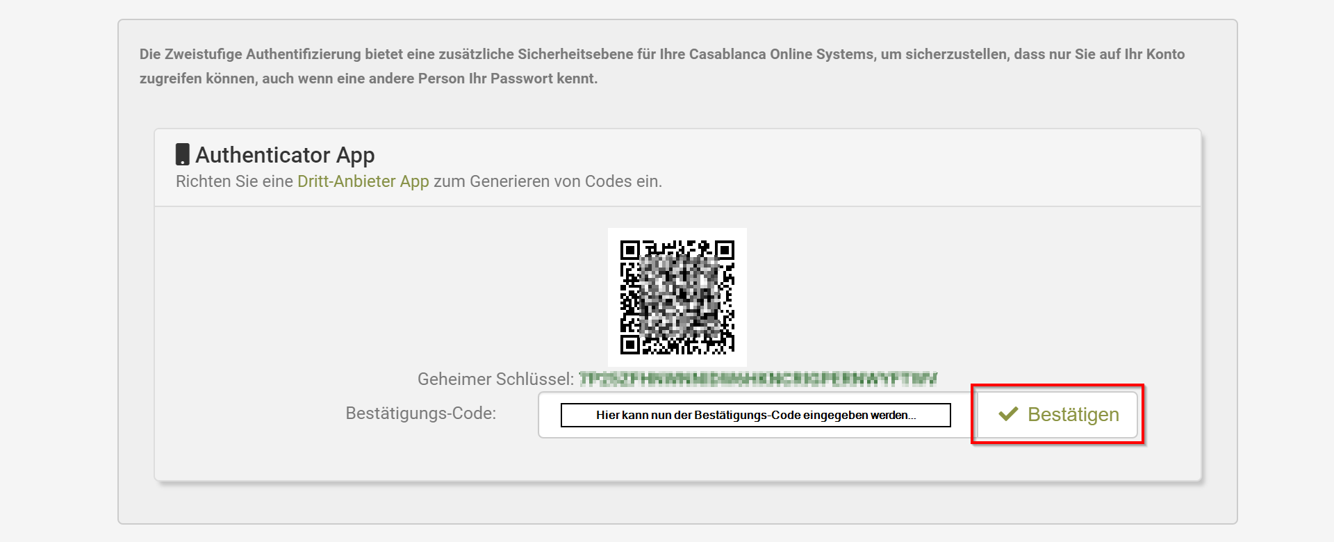 Code eingeben -&gt; Bestätigen