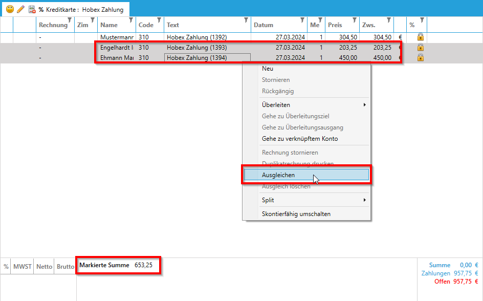 Zahlungen markieren -&gt; ausgleichen