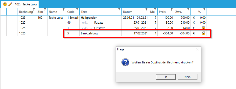 Rechnung ist ausgeglichen und Duplikat kann gedruckt werden