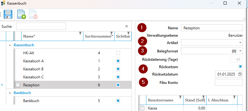 Kassenbuch Namen Hinterlegen