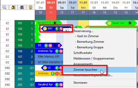 Rechtsklick -&gt; Zimmer tauschen