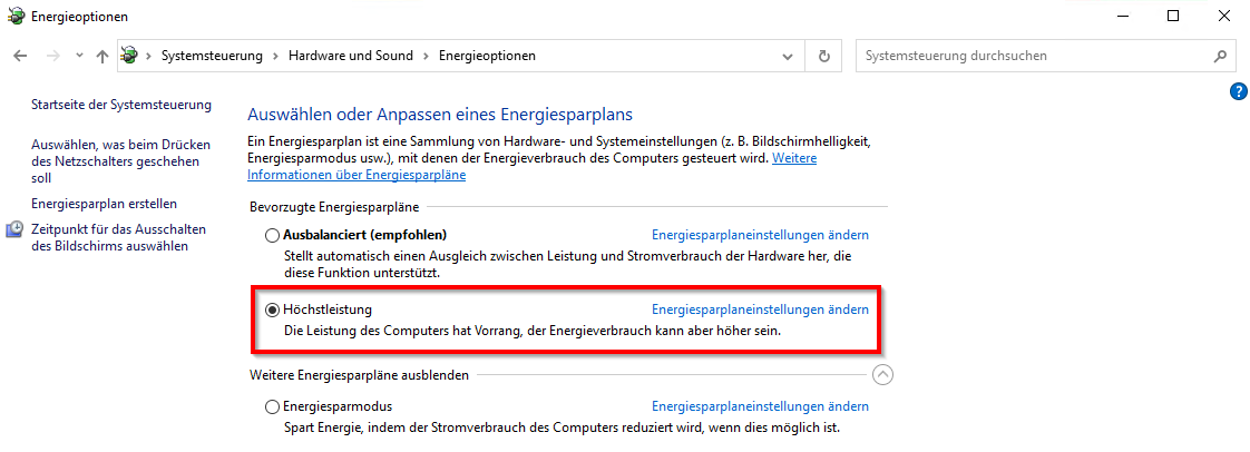 Energieoptionen -&gt; Höchstleistung
