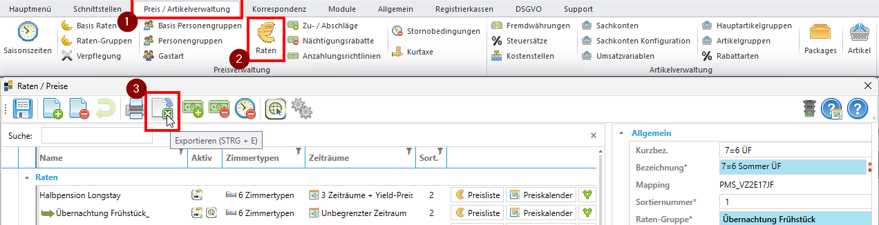 Raten/Pauschalen exportieren