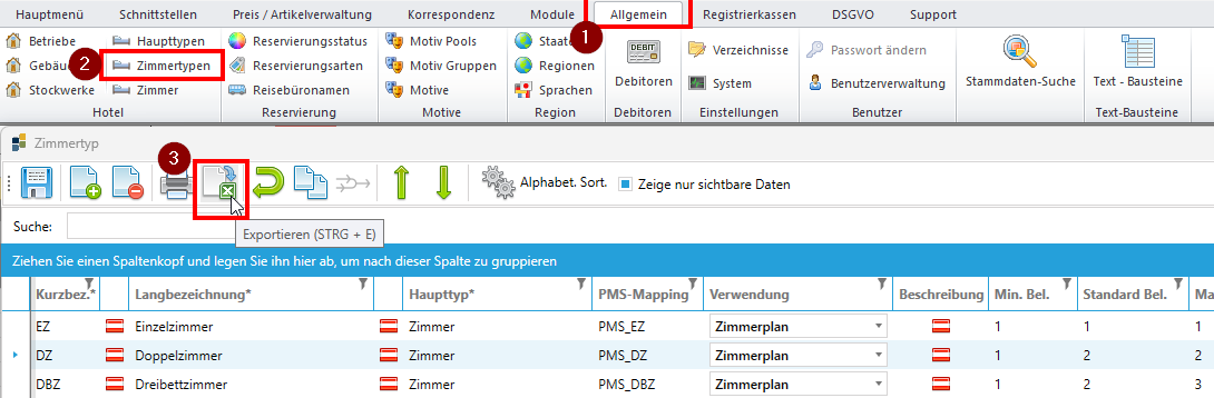 Zimmertypen exportieren