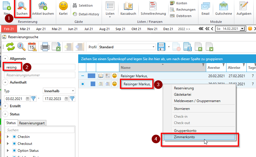 Reservierungssuche -&gt; Buchung finden und auf das Konto wechseln