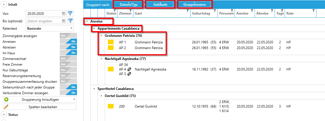 Gruppierung nun nach Datum/Typ -&gt; Gebäude -&gt; Gruppennamen