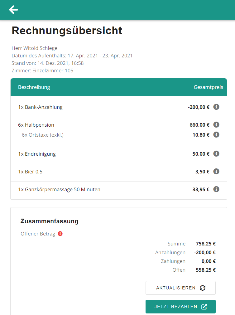 Rechnungsübersicht Gäste-App