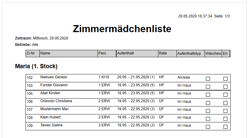 Zimmermädchenliste Druck