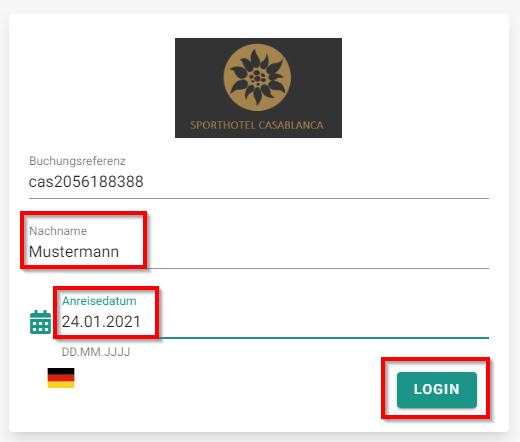 Login mit Nachname und Anreisedatum