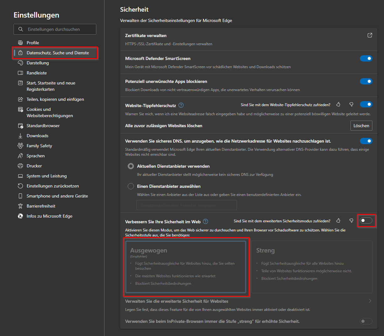 Microsoft Edge erweiterter Sicherheitsmodus