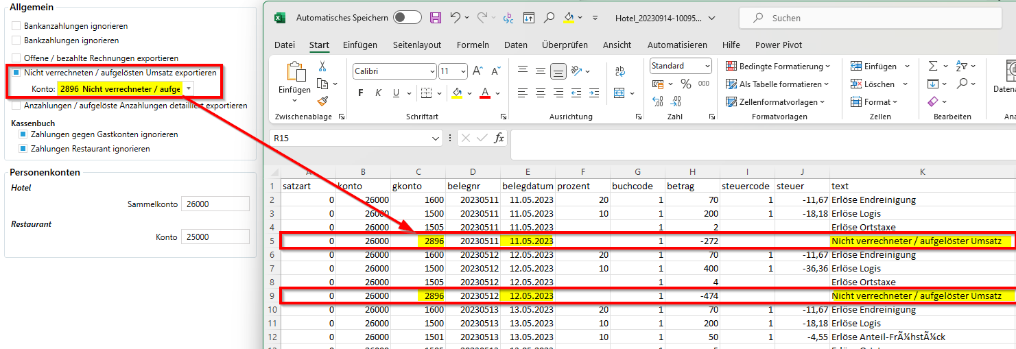 Nicht verrechneten / aufgelösten Umsatz exportieren