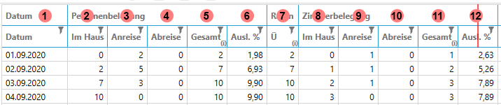 Belegungsstatistik komprimiert Spalten