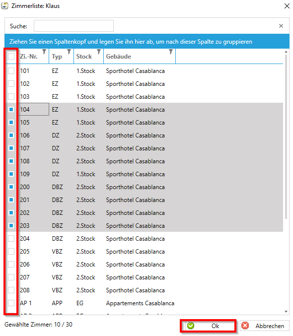 Zimmer-Auswahl