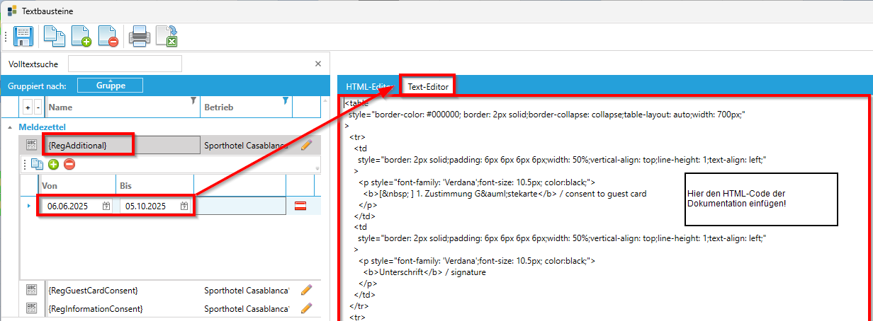 HTML-Code der Dokumentation einfügen