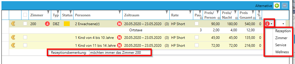 Bemerkungen Reservierung