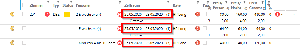 Reservierung mit unterschiedlicher Anreise