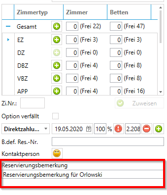 Reservierungsbemerkung Eingabe