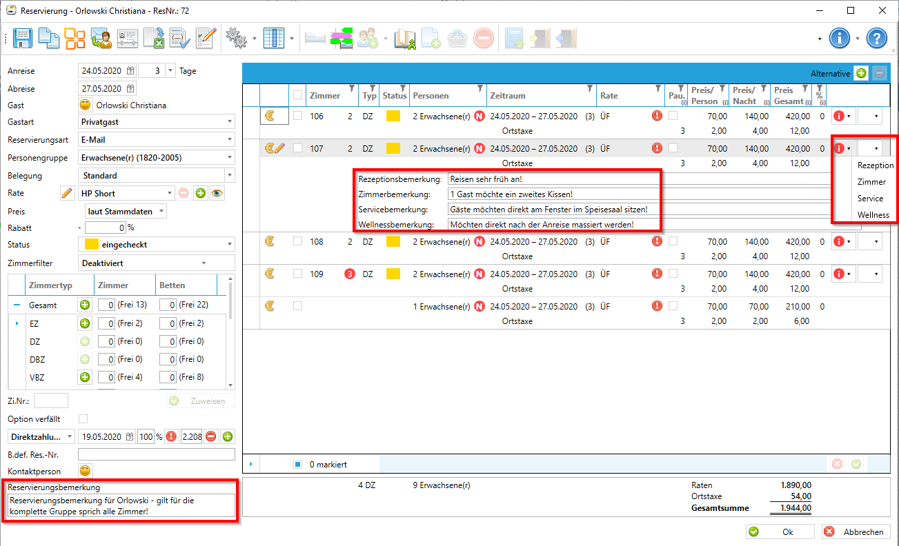 Reservierungsbemerkungen