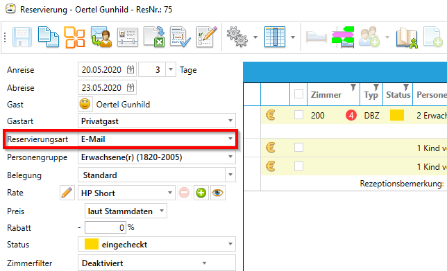 Reservierung -&gt; Reservierungsart einstellen