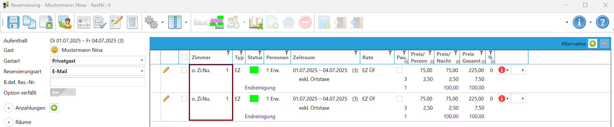 Reservierung ohne Zimmerummer