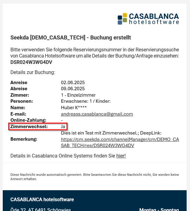 Zimmerwechsel - Informationsmail