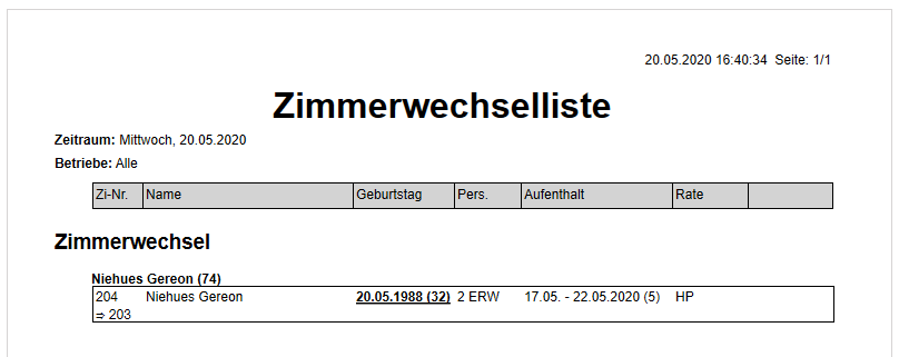 Zimmerwechselliste Druck