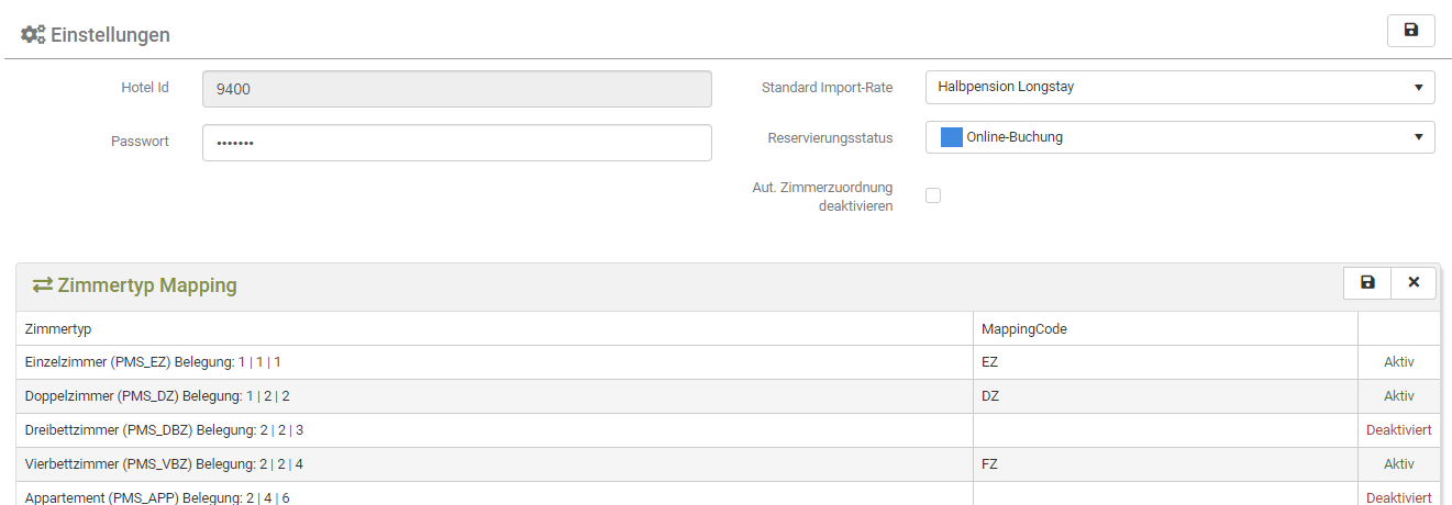 Zimmertyp Mapping