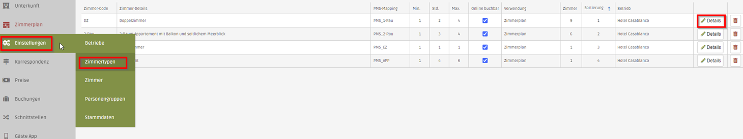 Einstellungen -&gt; Zimmertypen -&gt; Details