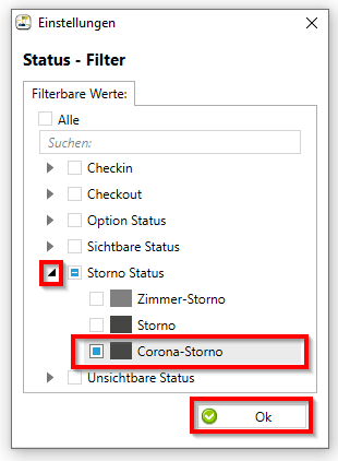 Corona-Storno Status auswählen