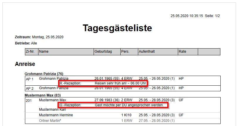 Bemerkungen auf dem Ausdruck