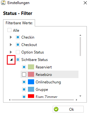 Status Filter Fenster aufgeklappt