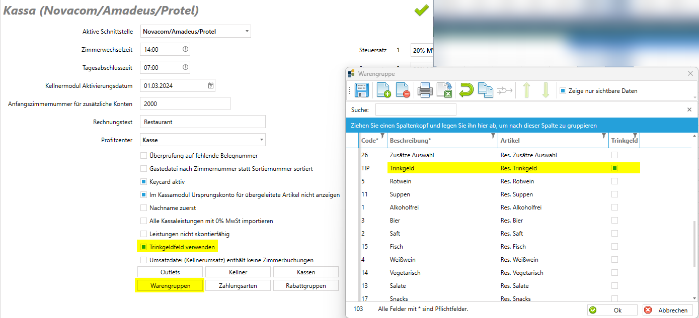 Novacom/Amadeus/Protel Warengruppe hinterlegen