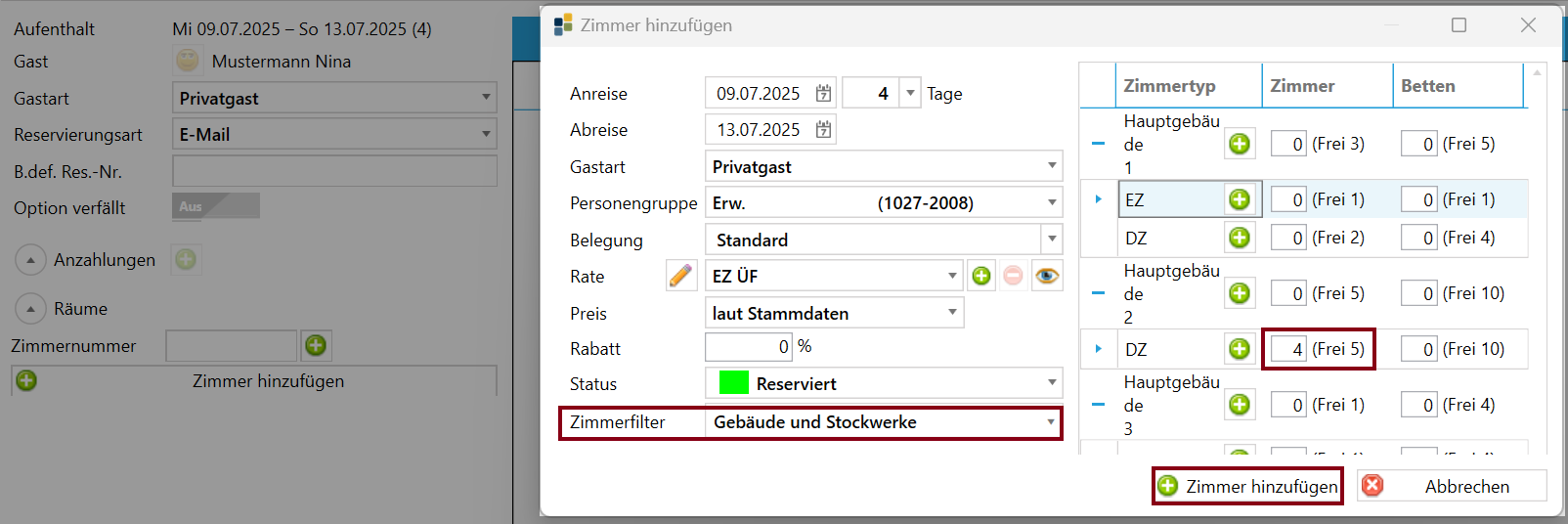 Zimmer hinzufügen