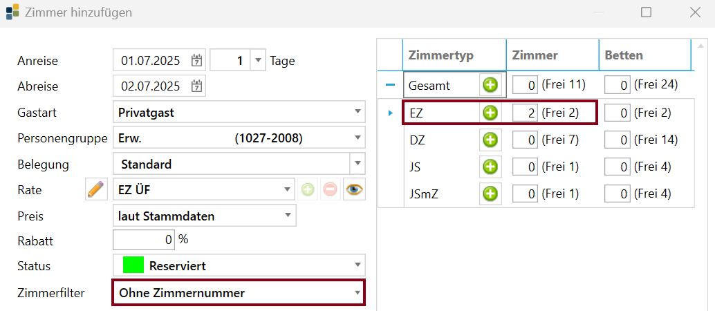 Zimmer zuweisen
